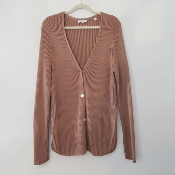 Vince Ribbed Button Front Cardigan Size 1X Long Sleeve Stretch Sweater Preppy - Picture 2 of 14